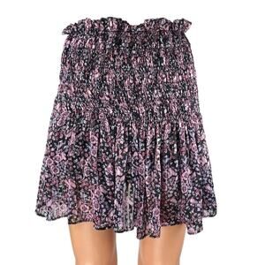 Zara Black Purple Floral Smocked Ruffle Mini A-Line Flared Skirt Skort Size M